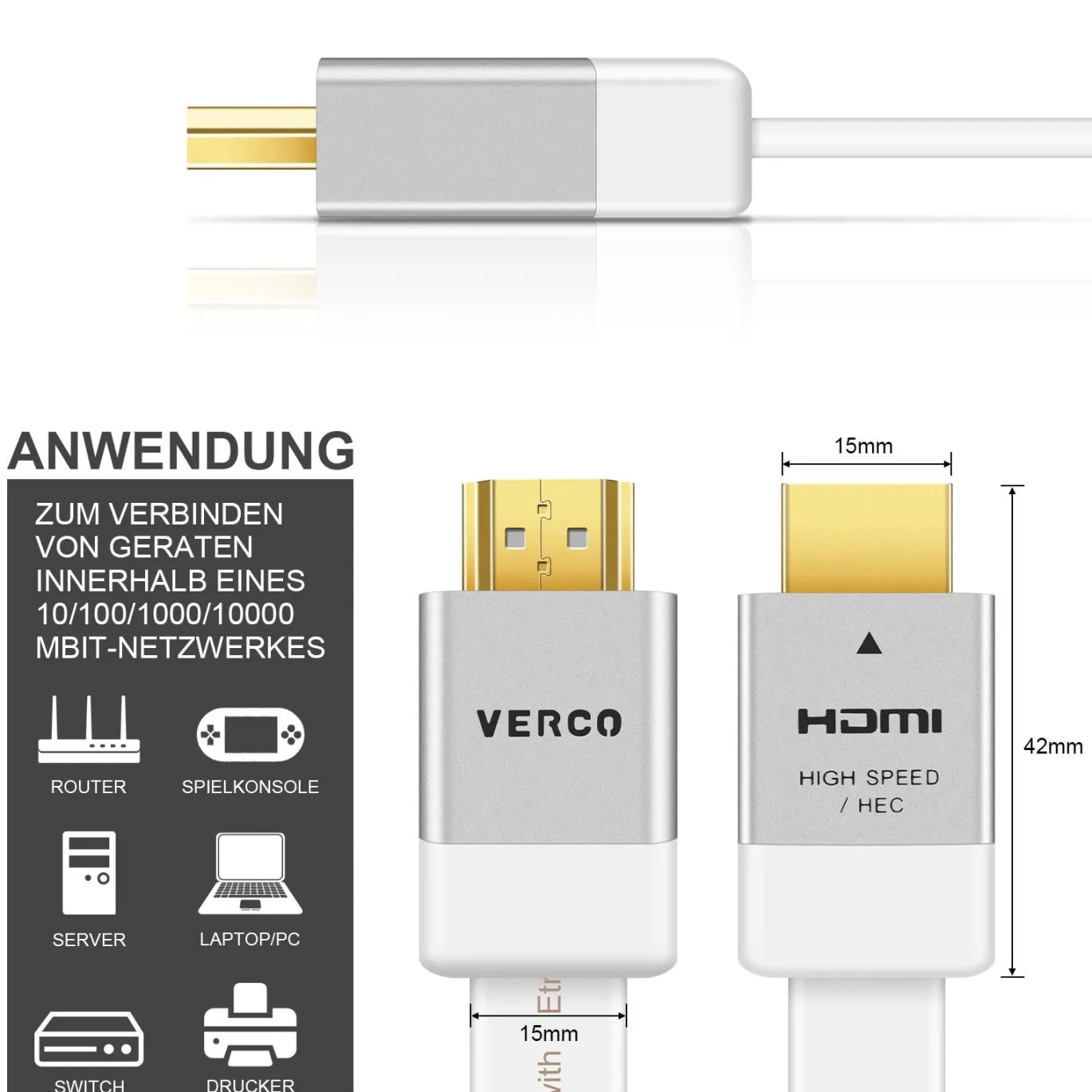 HDMI Flach Kabel - HD-Flat-100B - 2M - Weiss