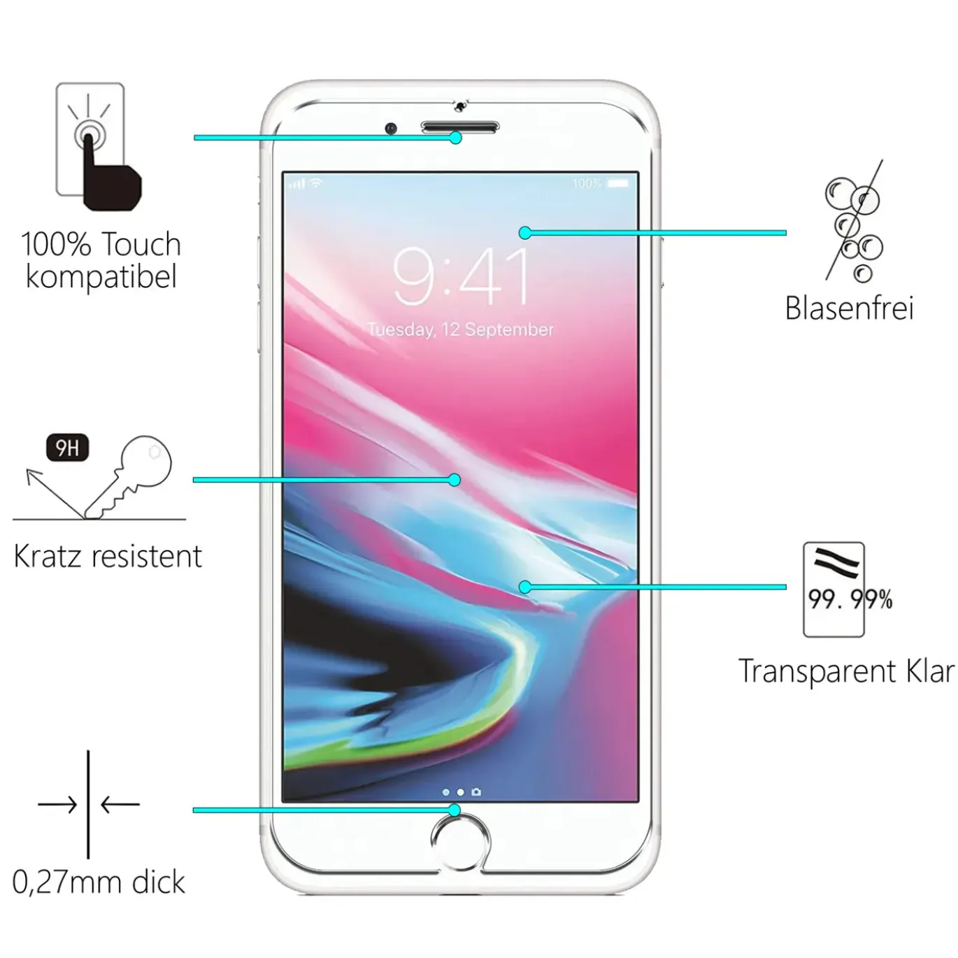 iPhone 7 / 8 / SE 2 / SE 3 - 9H Displayschutzfolie 2x Display & Kamera