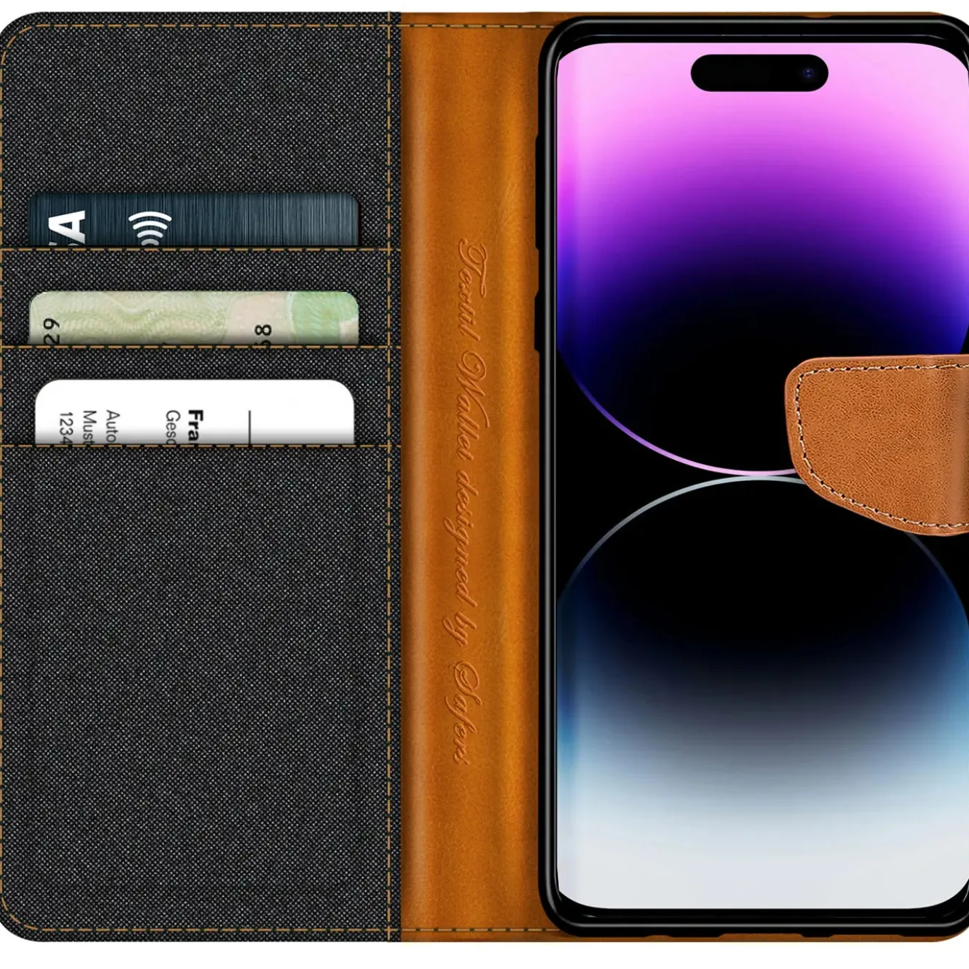 iPhone 15 - Jeanslook Klapphülle mit Kartenfach