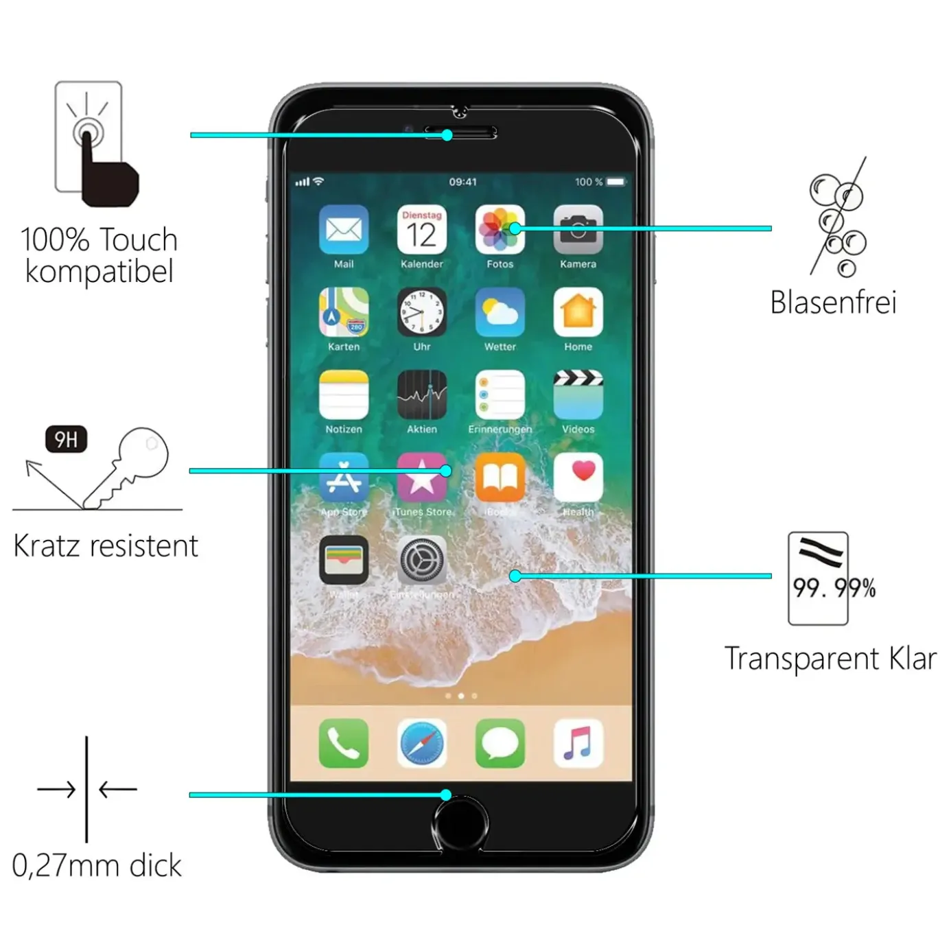 iPhone 6 / 6S - 9H Displayschutzfolie 2x Display & Kamera