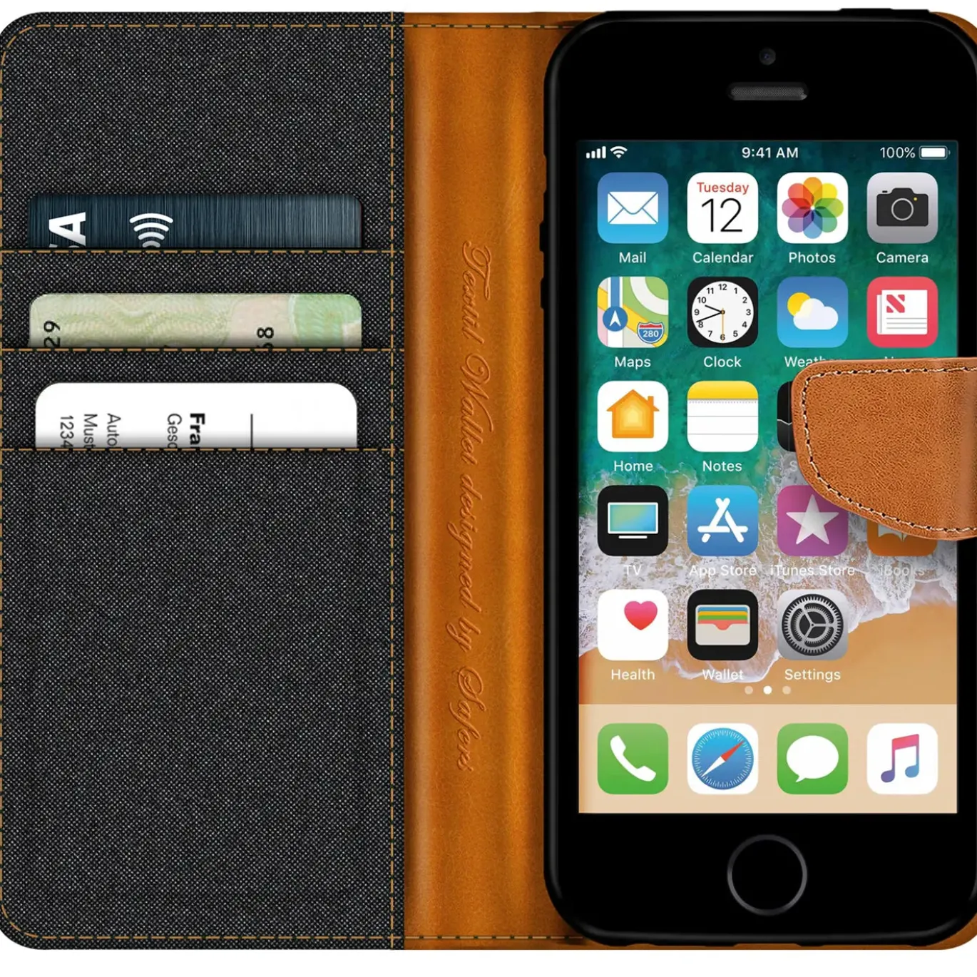 iPhone 5 / 5S / SE - Jeanslook Klapphülle mit Kartenfach