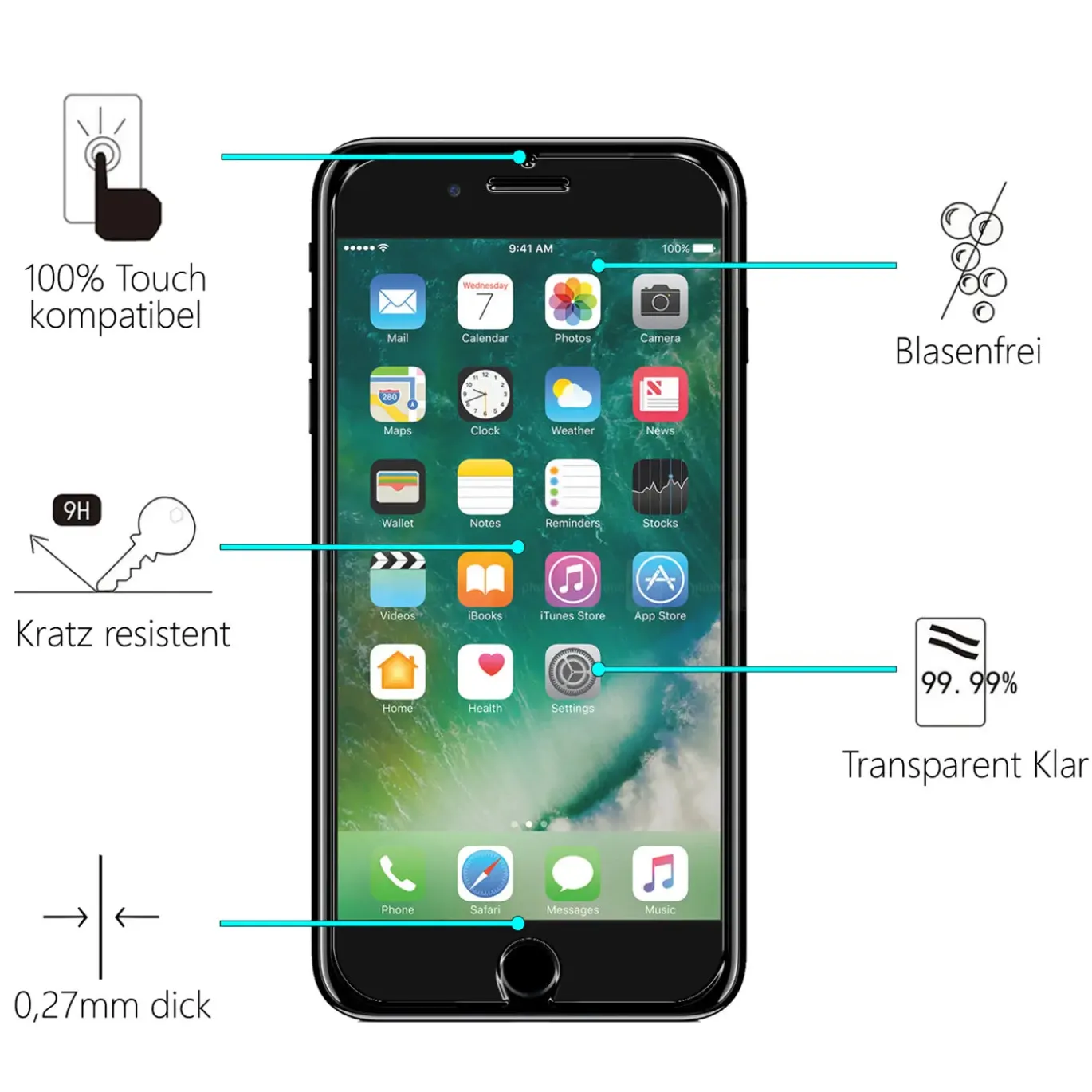 iPhone 7 Plus / 8 Plus - 2x 9H Panzer Glasfolie, Displayfolie