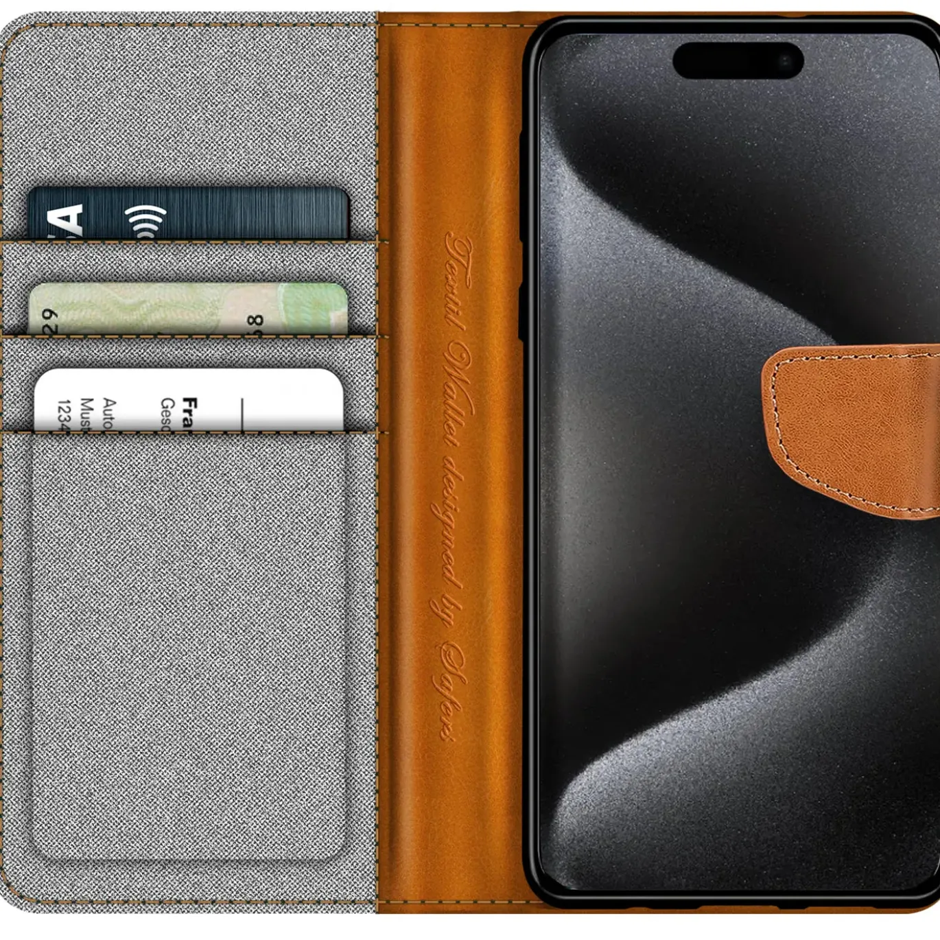 iPhone 16 Plus - Jeanslook Klapphülle mit Kartenfach