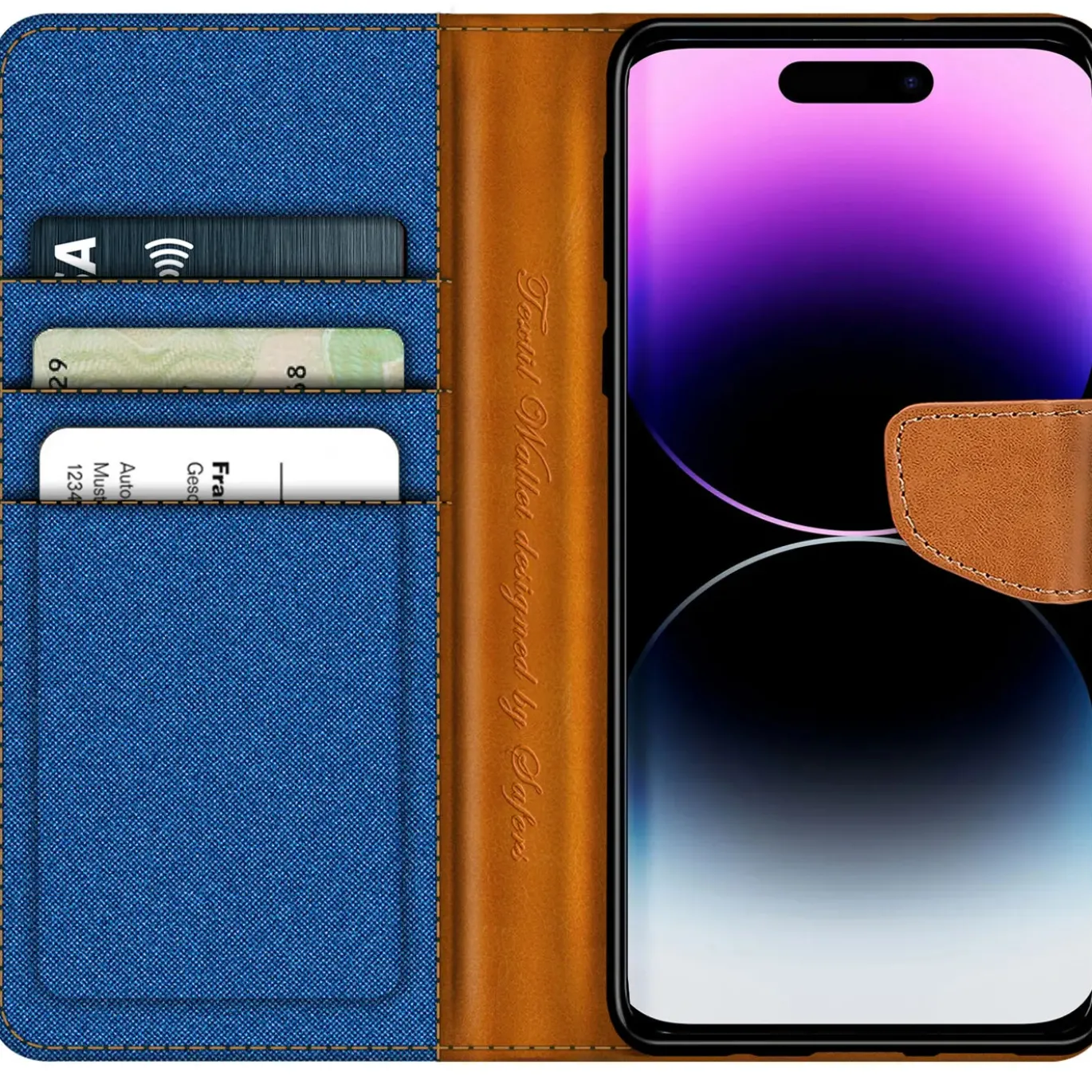 iPhone 15 Plus - Jeanslook Klapphülle mit Kartenfach
