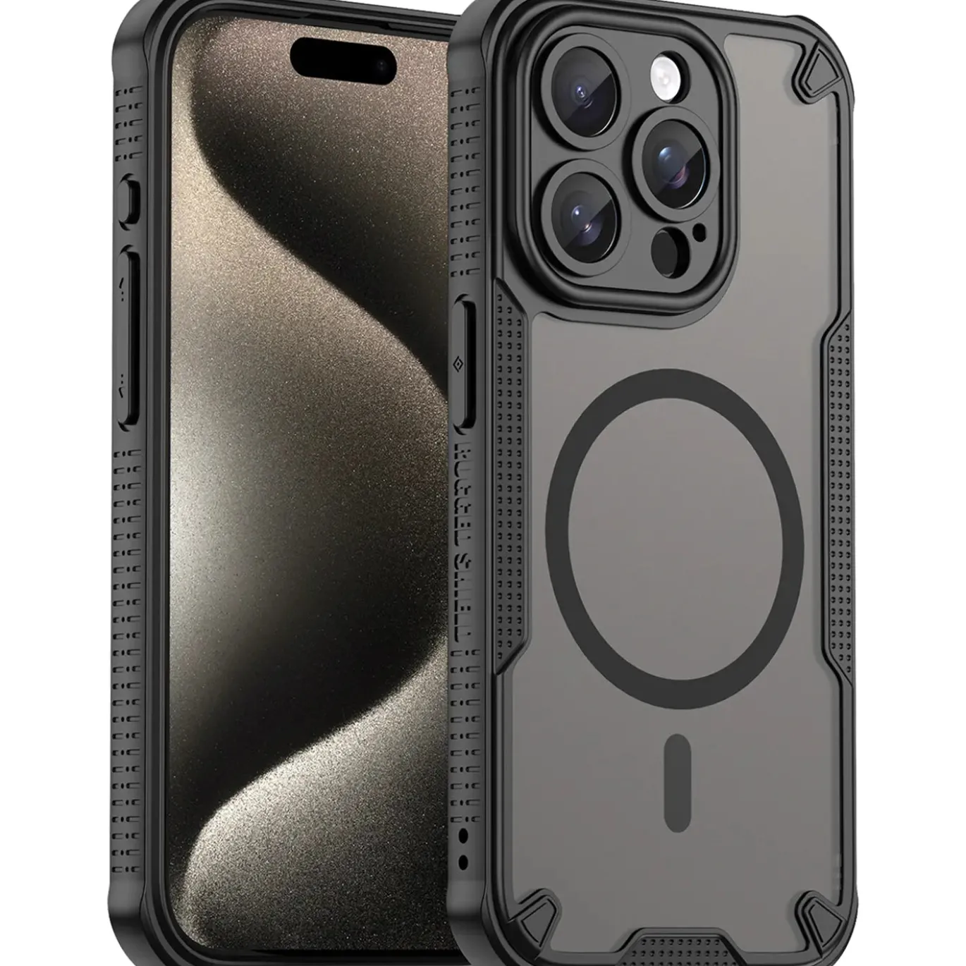 iPhone 15 Pro - Stoßfestes MagSafe Case in Schwarz mit halbtransparenter Rückseite