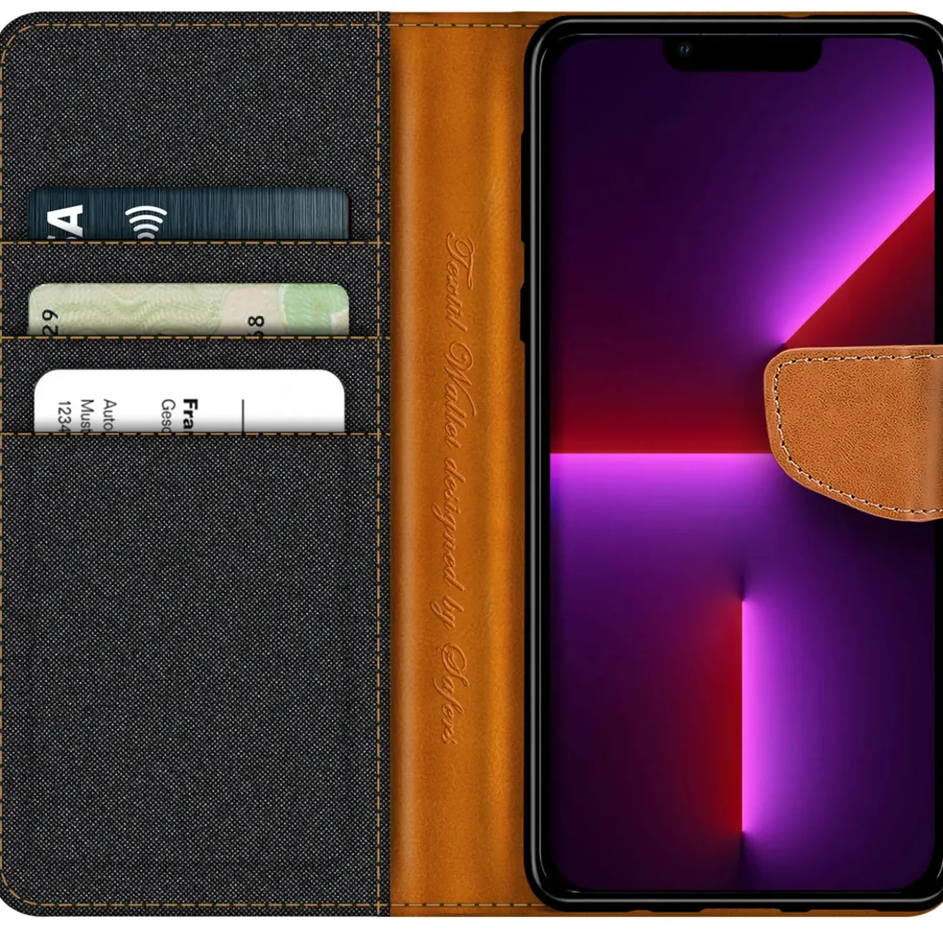 iPhone 13 Pro Max - Jeanslook Klapphülle mit Kartenfach