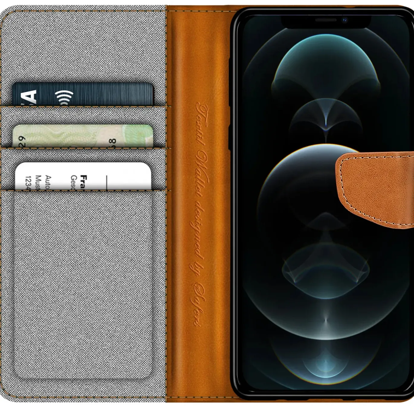 iPhone 12 Pro Max - Jeanslook Klapphülle mit Kartenfach
