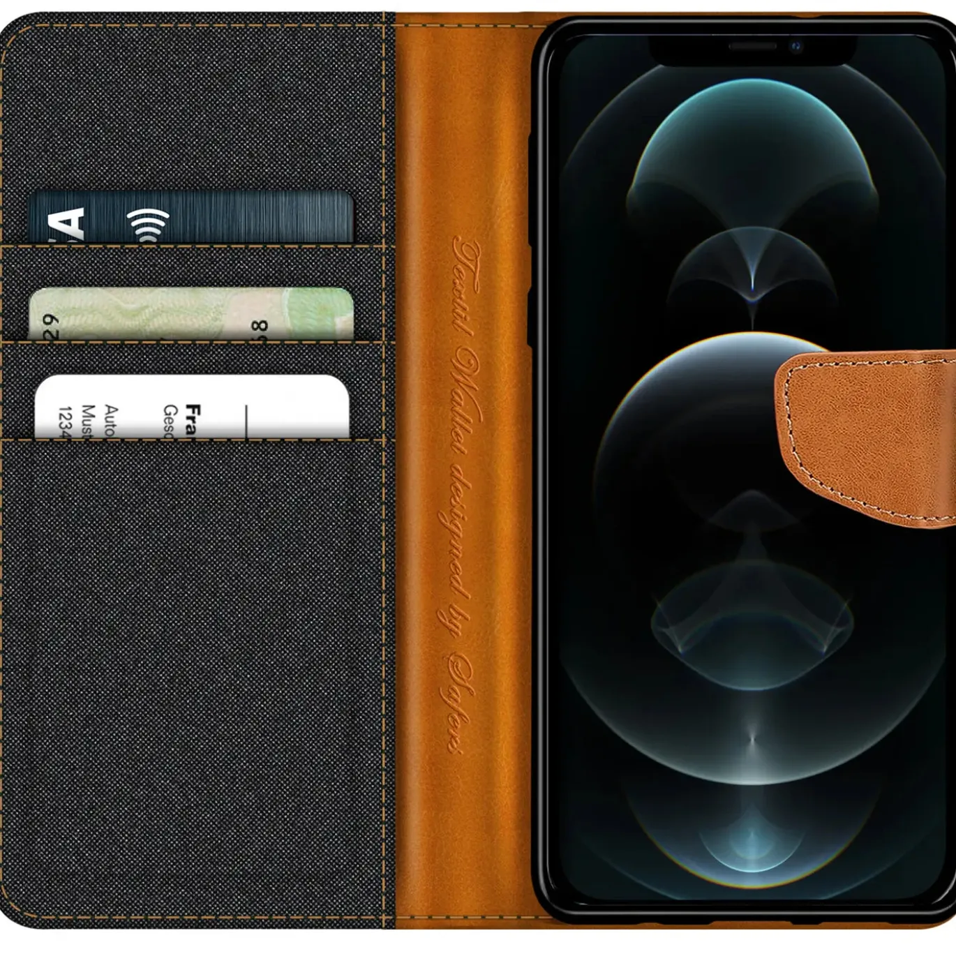 iPhone 12 Pro Max - Jeanslook Klapphülle mit Kartenfach