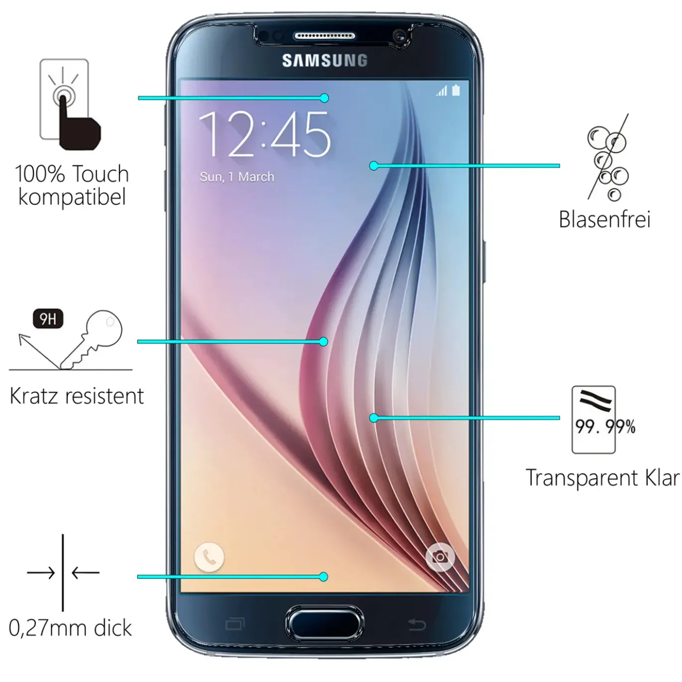 Samsung Galaxy S6 - 2x 9H Panzer Glasfolie, Displayfolie