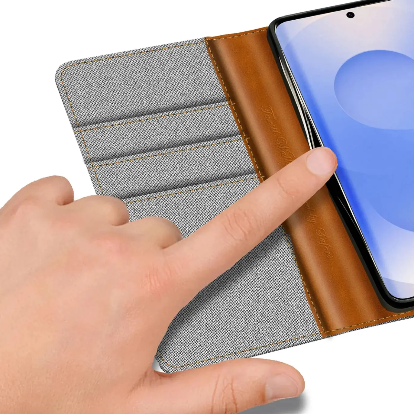 Textil Klapphülle für Samsung Galaxy S26 - Case im Jeanslook mit Kartenfächern