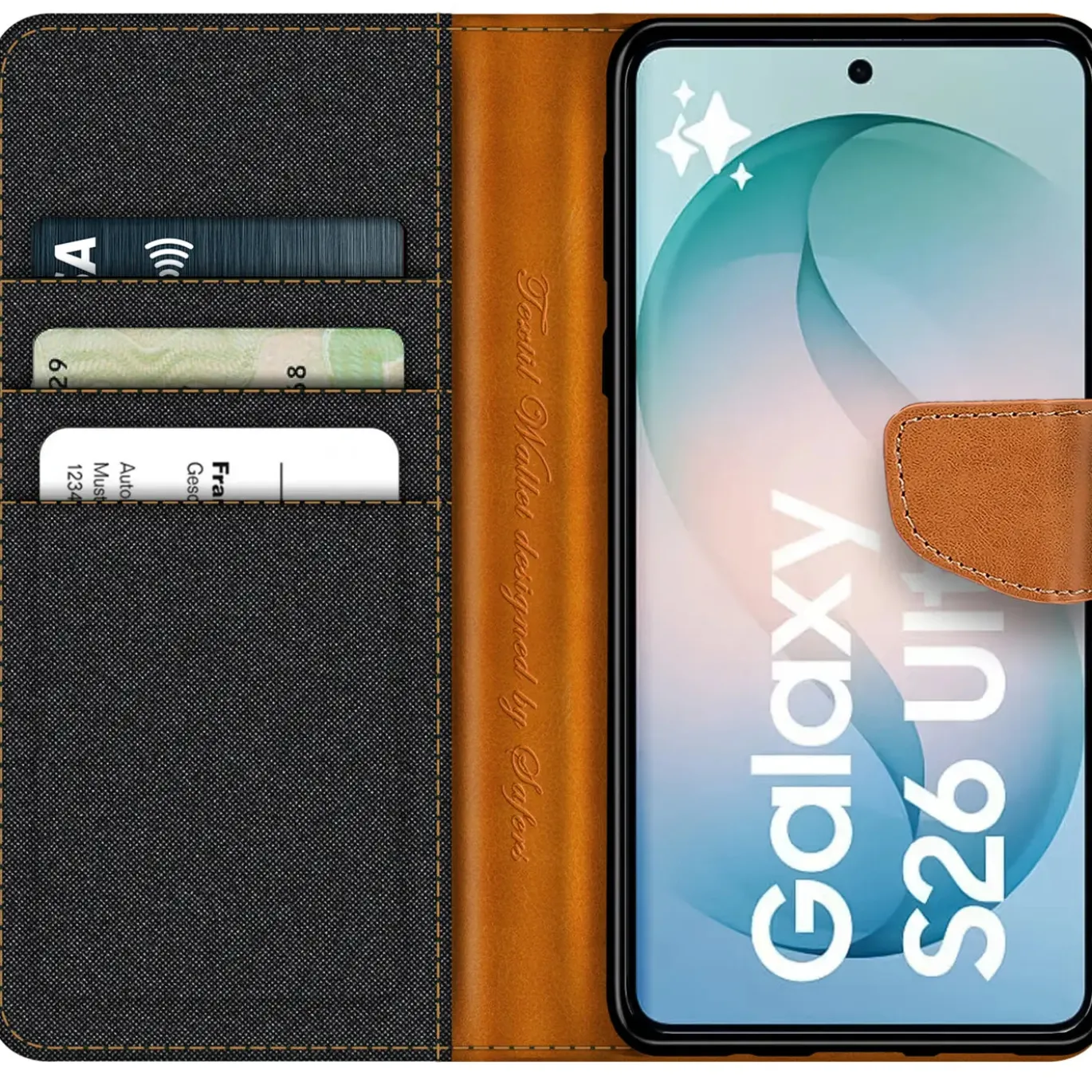 Textil Klapphülle für Samsung Galaxy S26 Ultra - Case im Jeanslook mit Kartenfächern