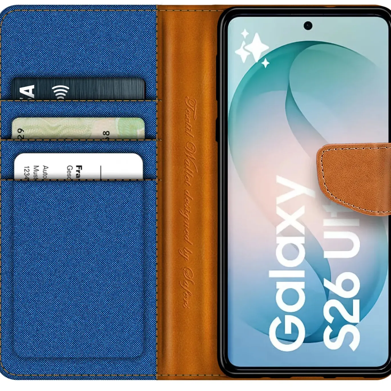 Textil Klapphülle für Samsung Galaxy S26 Ultra - Case im Jeanslook mit Kartenfächern