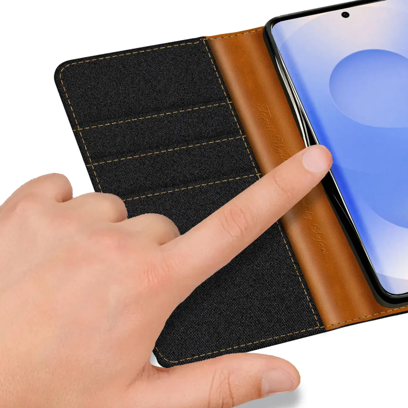 Textil Klapphülle für Samsung Galaxy S26 Plus - Case im Jeanslook mit Kartenfächern