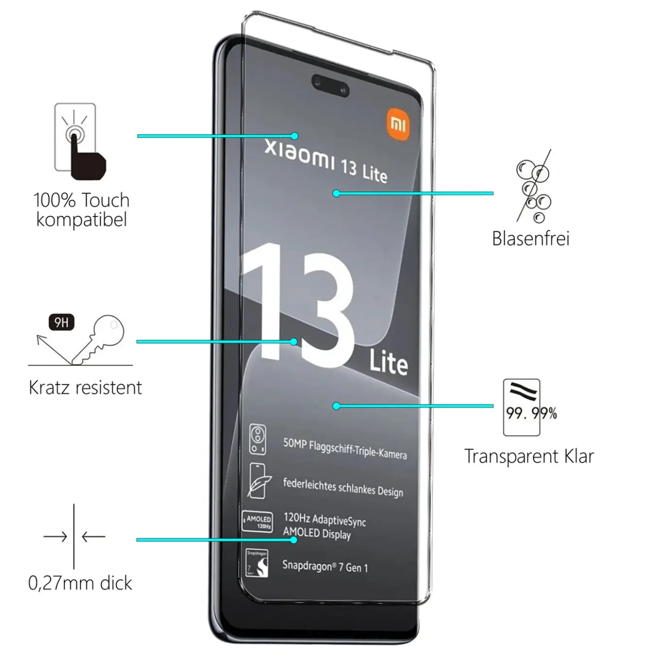 Xiaomi 13 Lite - 9H Displayschutzfolie 2x Display & Kamera