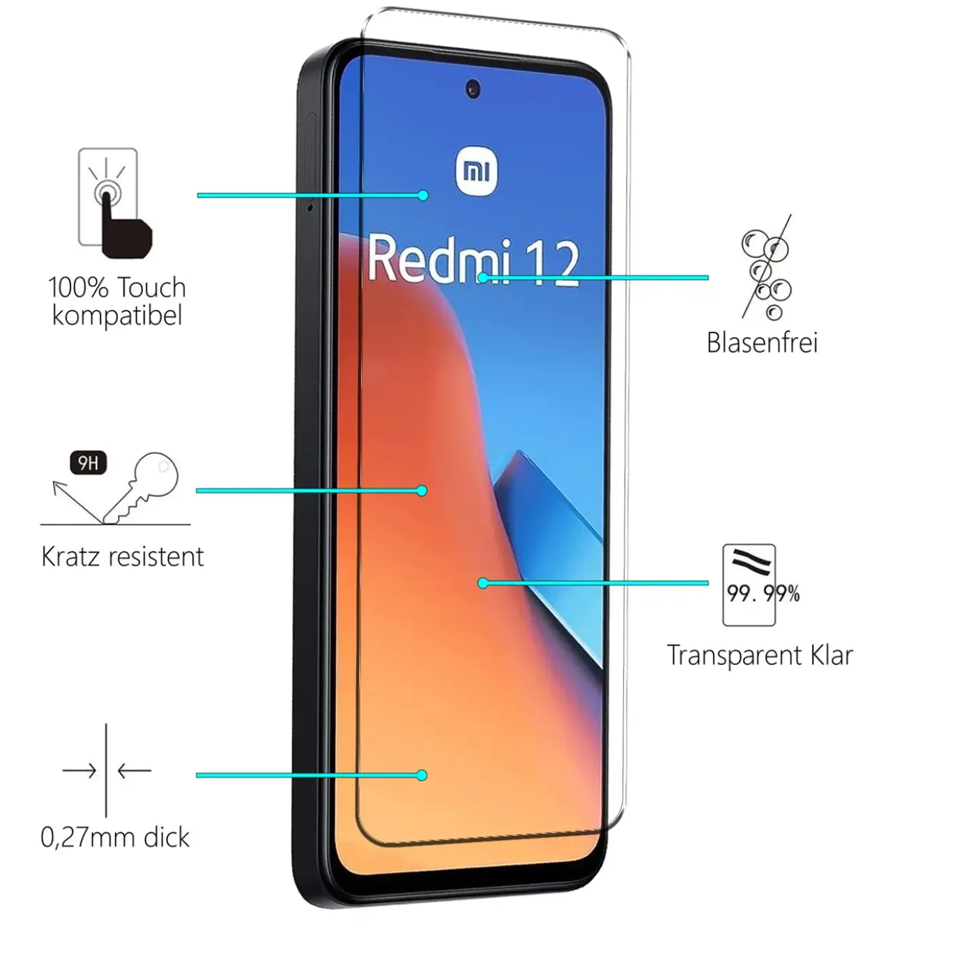 Xiaomi Redmi 12 - 9H Displayschutzfolie 2x Display & Kamera