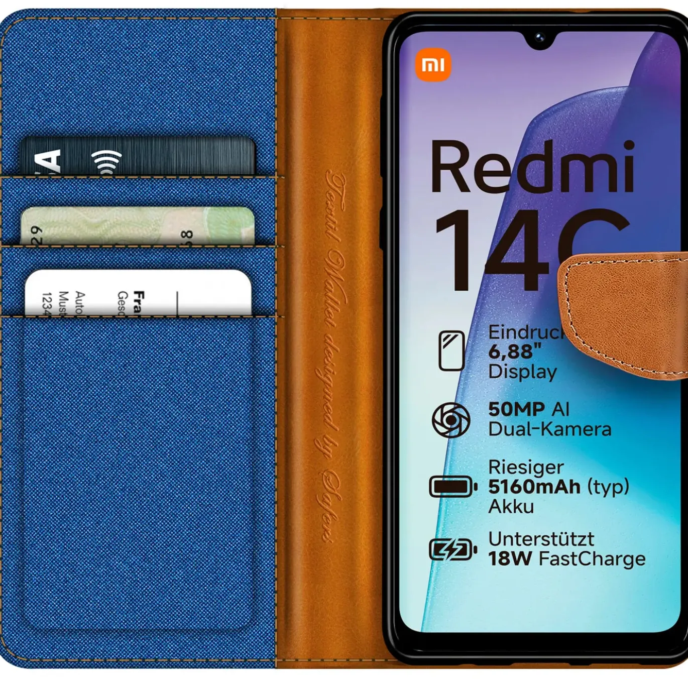 Xiaomi Redmi 14C - Jeanslook Klapphülle mit Kartenfach