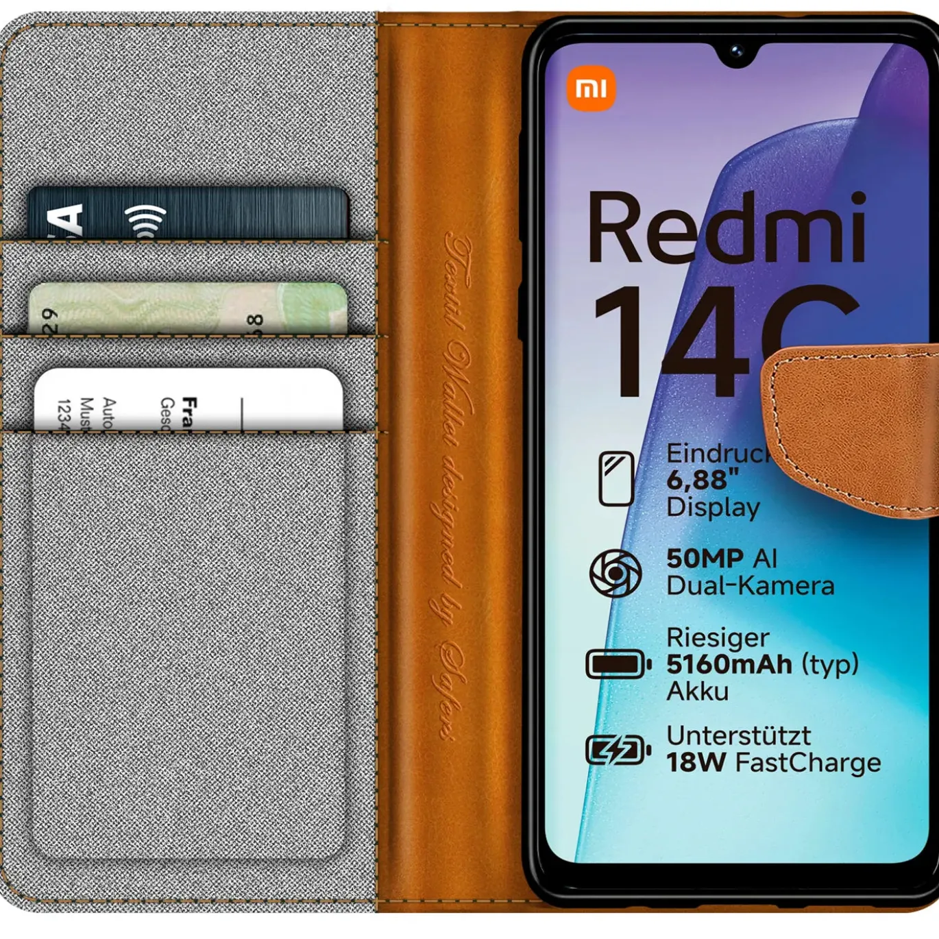 Xiaomi Redmi 14C - Jeanslook Klapphülle mit Kartenfach