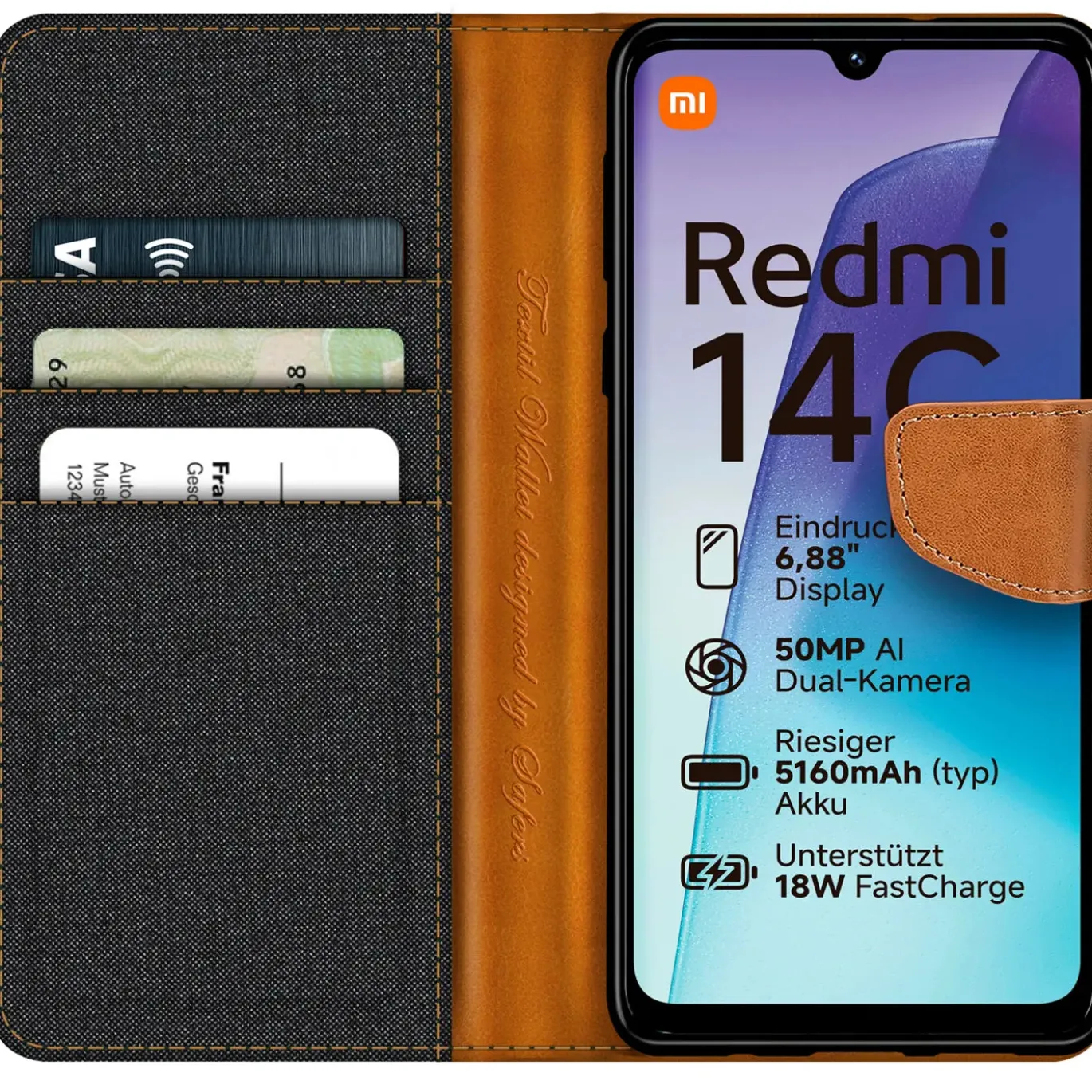Xiaomi Redmi 14C - Jeanslook Klapphülle mit Kartenfach