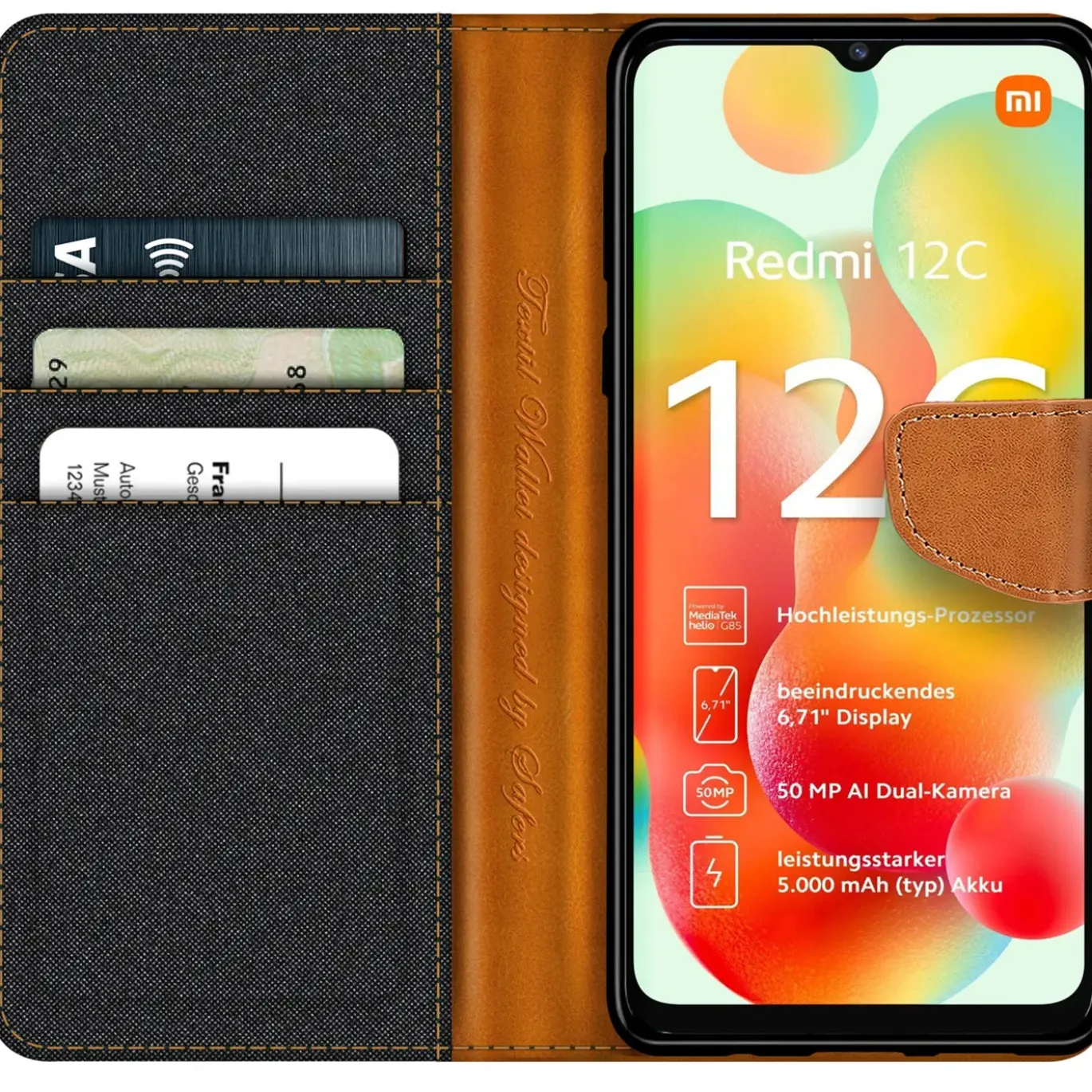 Xiaomi Redmi 12C - Jeanslook Klapphülle mit Kartenfach