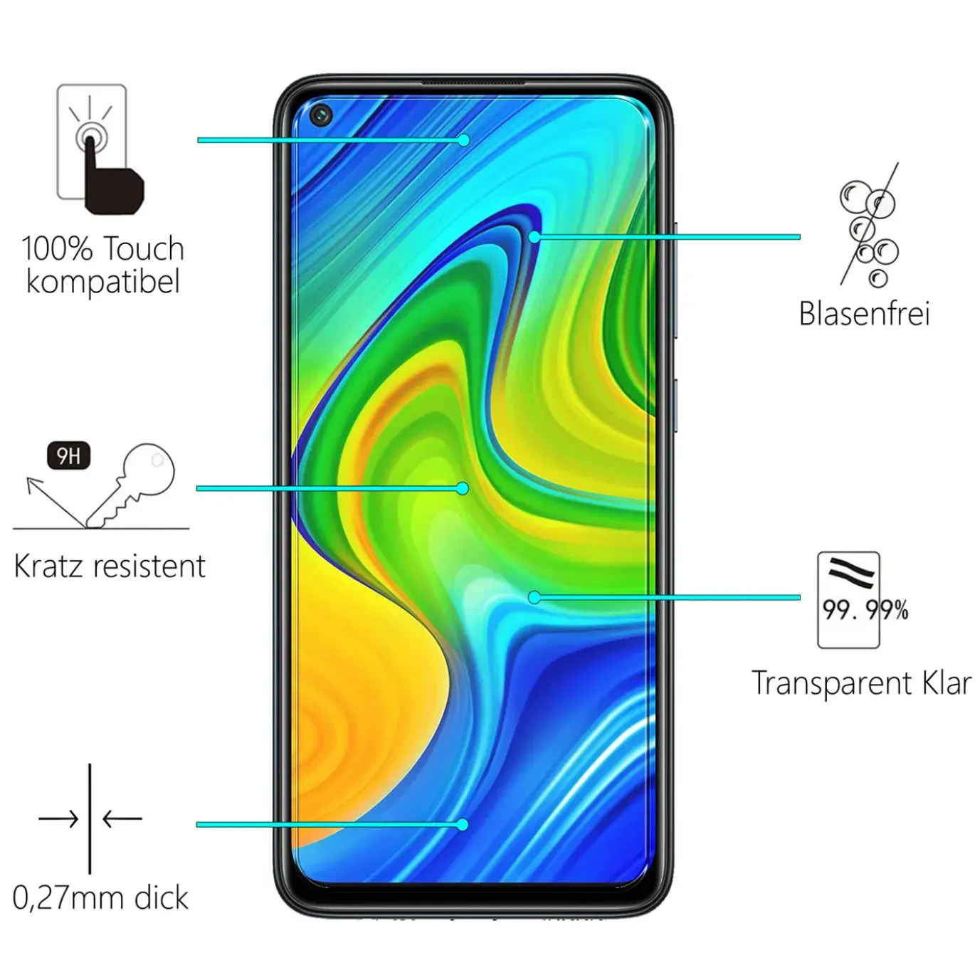 Xiaomi Redmi Note 9 - 9H Displayschutzfolie 2x Display & Kamera