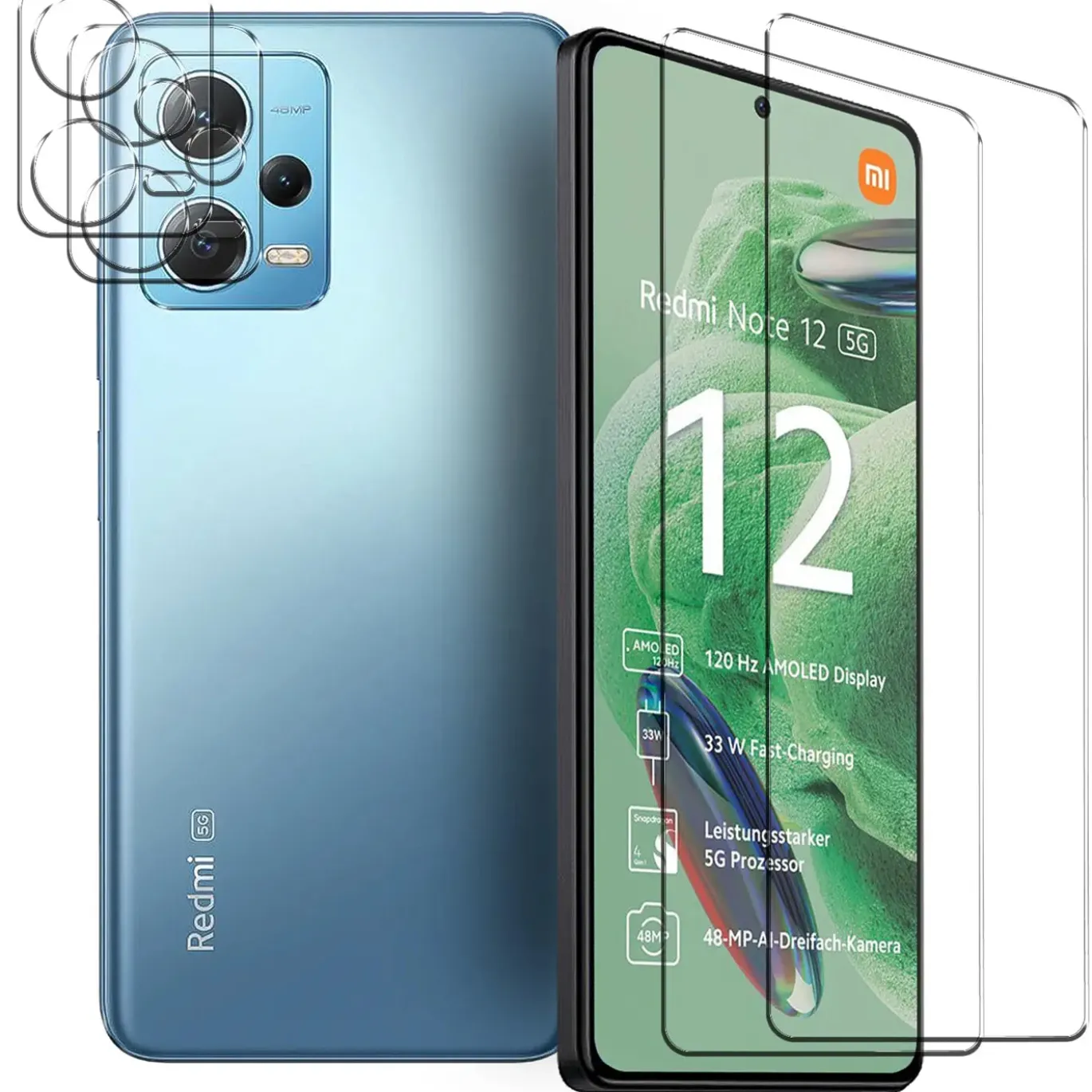 Xiaomi Redmi Note 12 5G - 9H Displayschutzfolie 2x Display & Kamera