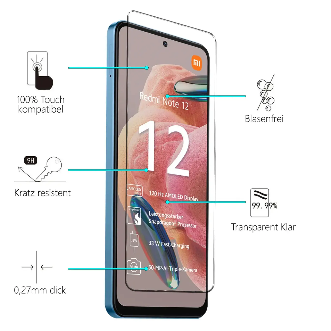 Xiaomi Redmi Note 12 4G - 9H Displayschutzfolie 2x Display & Kamera