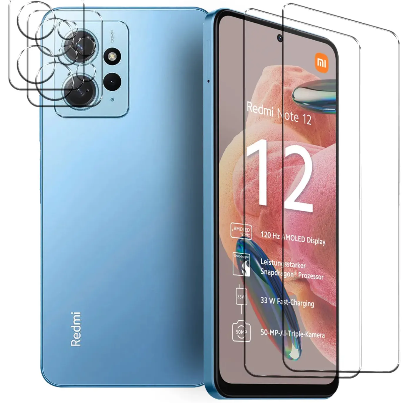 Xiaomi Redmi Note 12 4G - 9H Displayschutzfolie 2x Display & Kamera