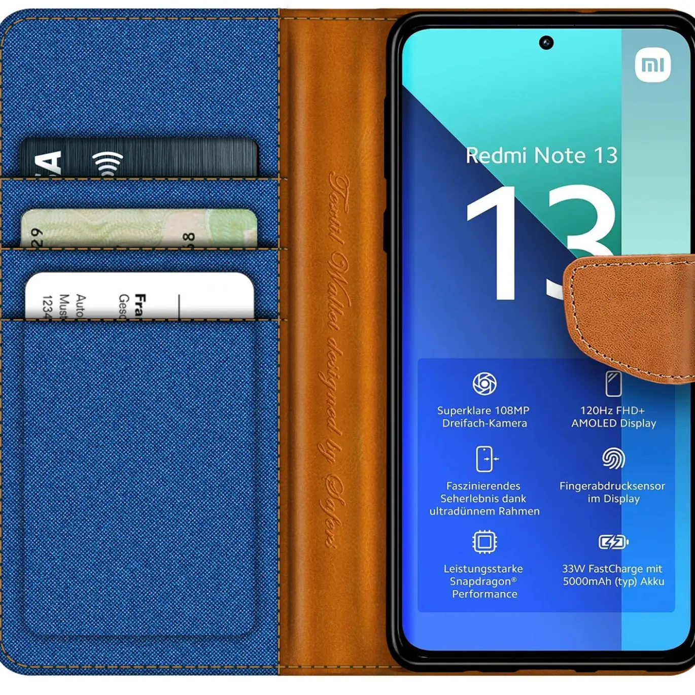 Xiaomi Redmi Note 13 4G - Jeanslook Klapphülle mit Kartenfach