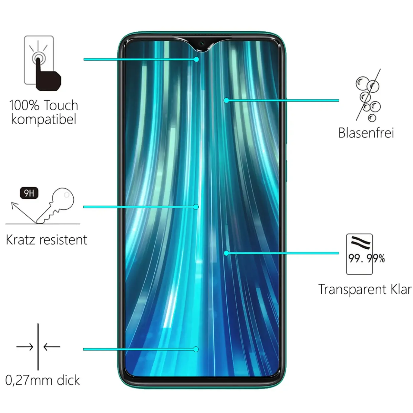 Xiaomi Redmi Note 8 Pro - 9H Displayschutzfolie 2x Display & Kamera