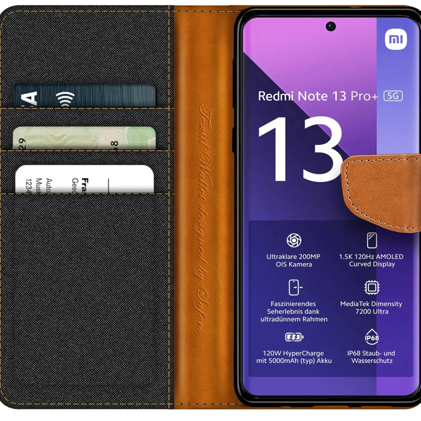 Xiaomi Redmi Note 13 Pro+ 5G - Jeanslook Klapphülle mit Kartenfach