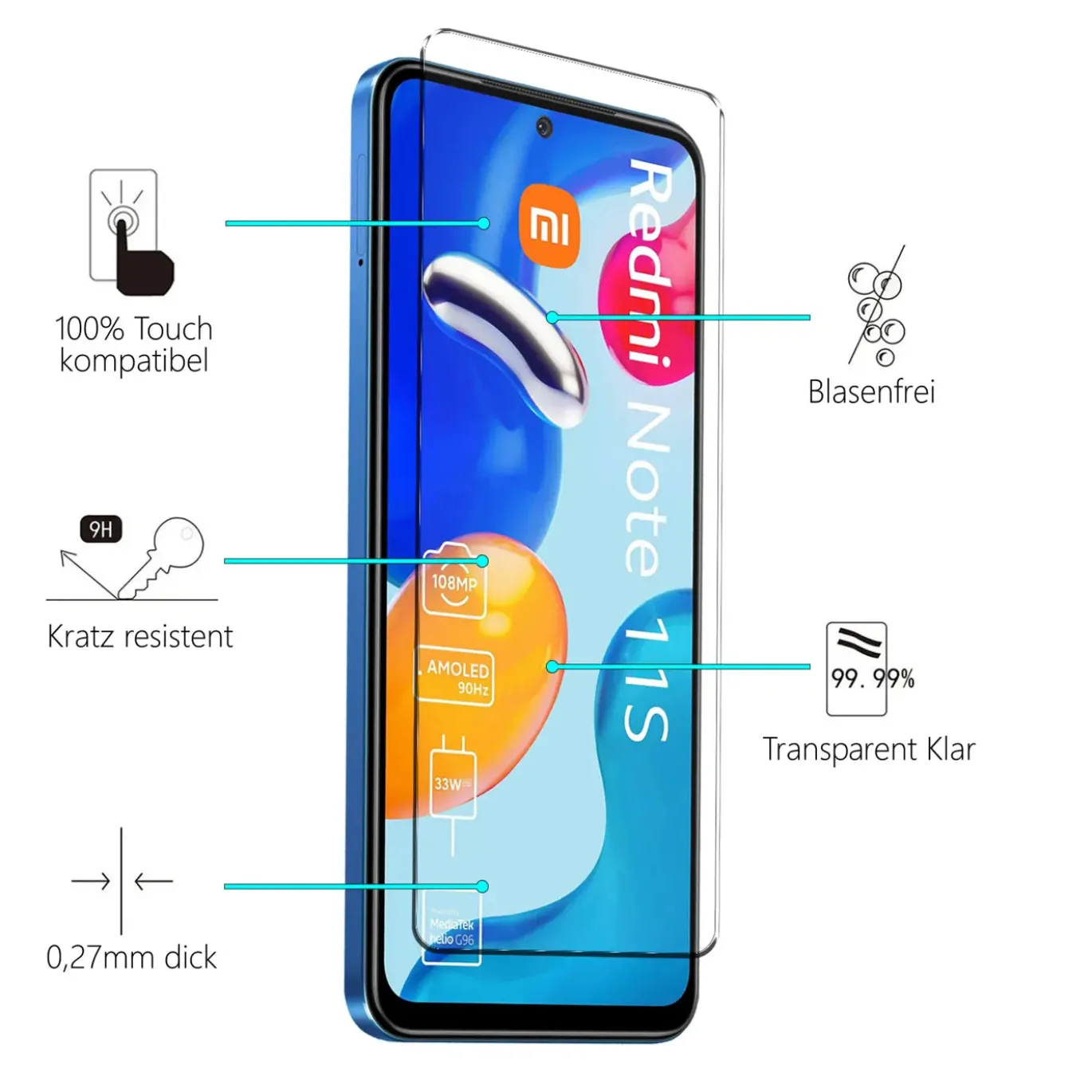 Xiaomi Redmi Note 11S - 9H Displayschutzfolie 2x Display & Kamera