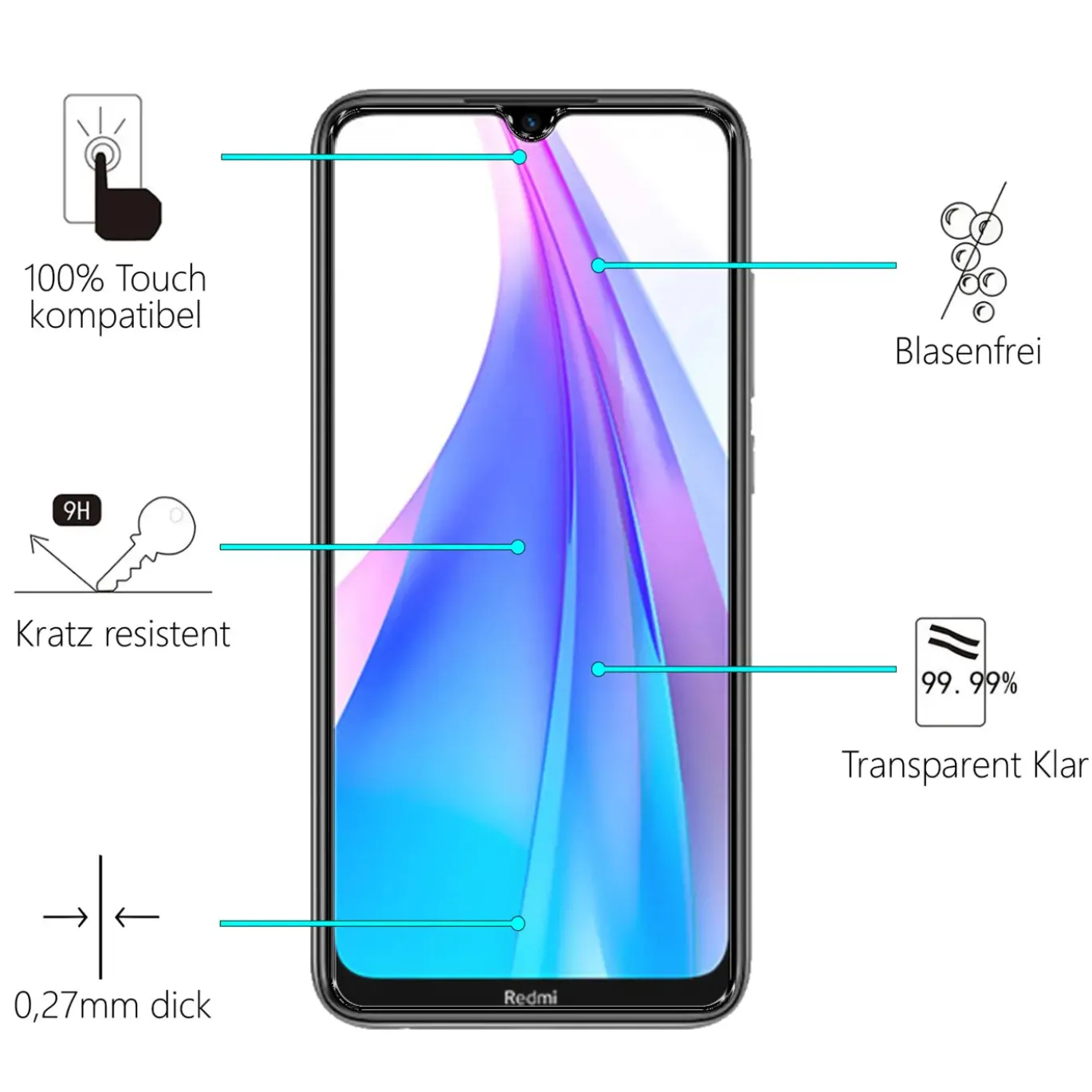 Xiaomi Redmi Note 8T - 9H Displayschutzfolie 2x Display & Kamera